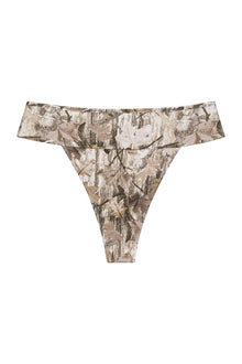 Bikini bottom with brown and tan camouflage pattern, off-shoulder design, and high-cut legs.