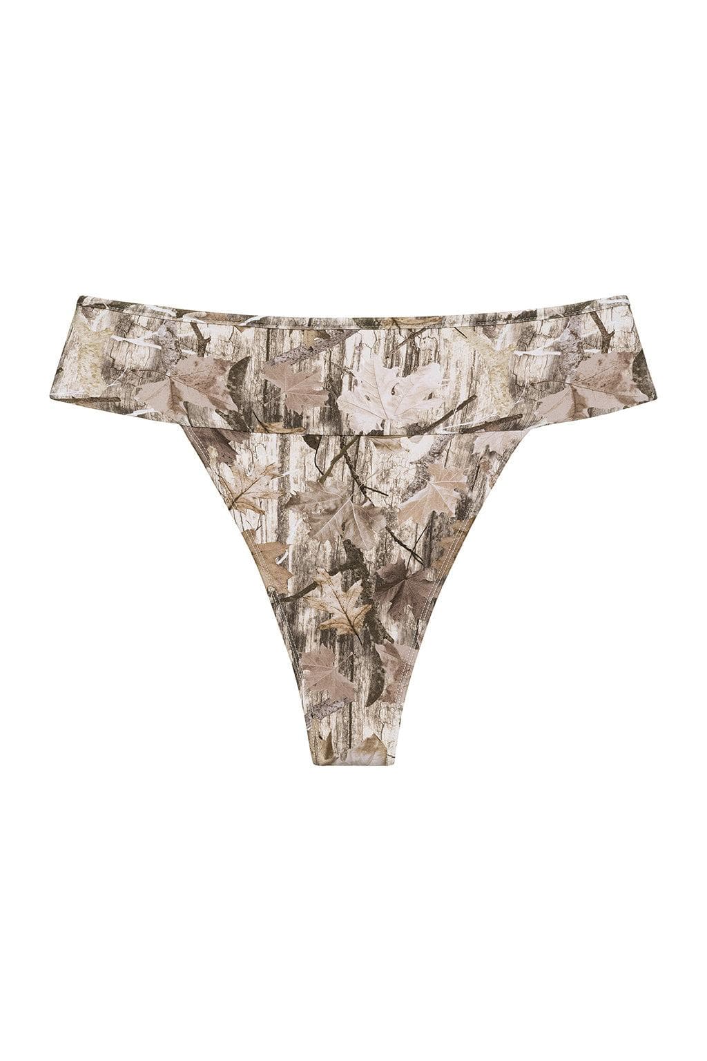 Bikini bottom with brown and tan camouflage pattern, off-shoulder design, and high-cut legs.
