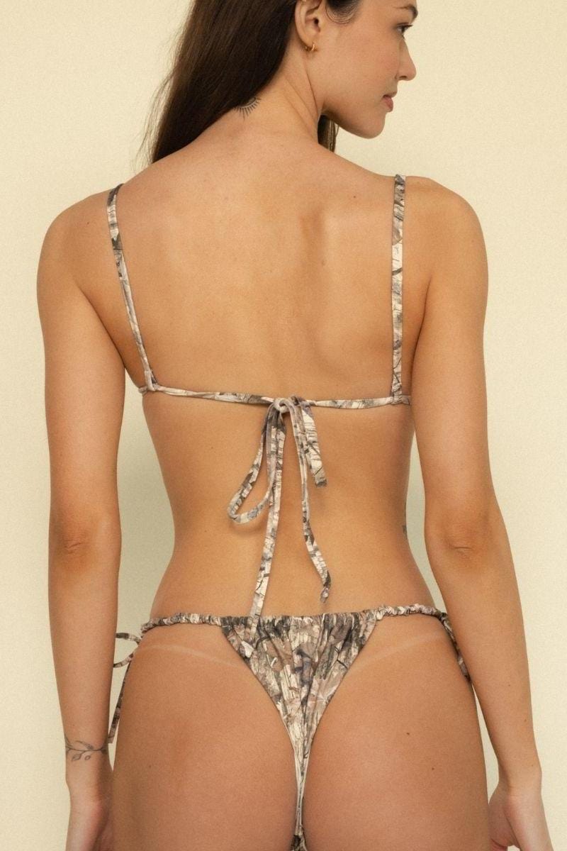 Camouflage bikini top with thin shoulder straps and tie-back closure, shown from rear view.