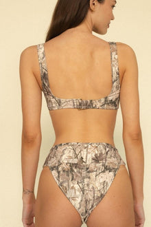 Camo Tamarindo bikini bottom in tan and brown camouflage print with high-waisted coverage.