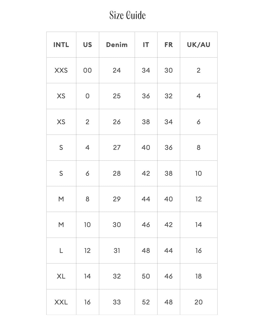 Product size guide
