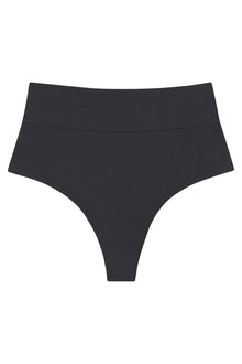 Charcoal high-rise bikini bottom with full coverage and textured fabric.