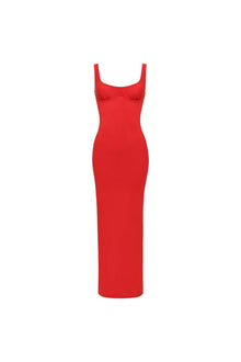 Red sleeveless long dress with sweetheart neckline and fitted silhouette.