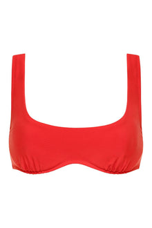Red bikini top with wide shoulder straps and ruched sides on white background.