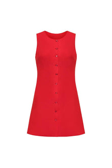 Red sleeveless tank dress with front button closure and A-line silhouette.
