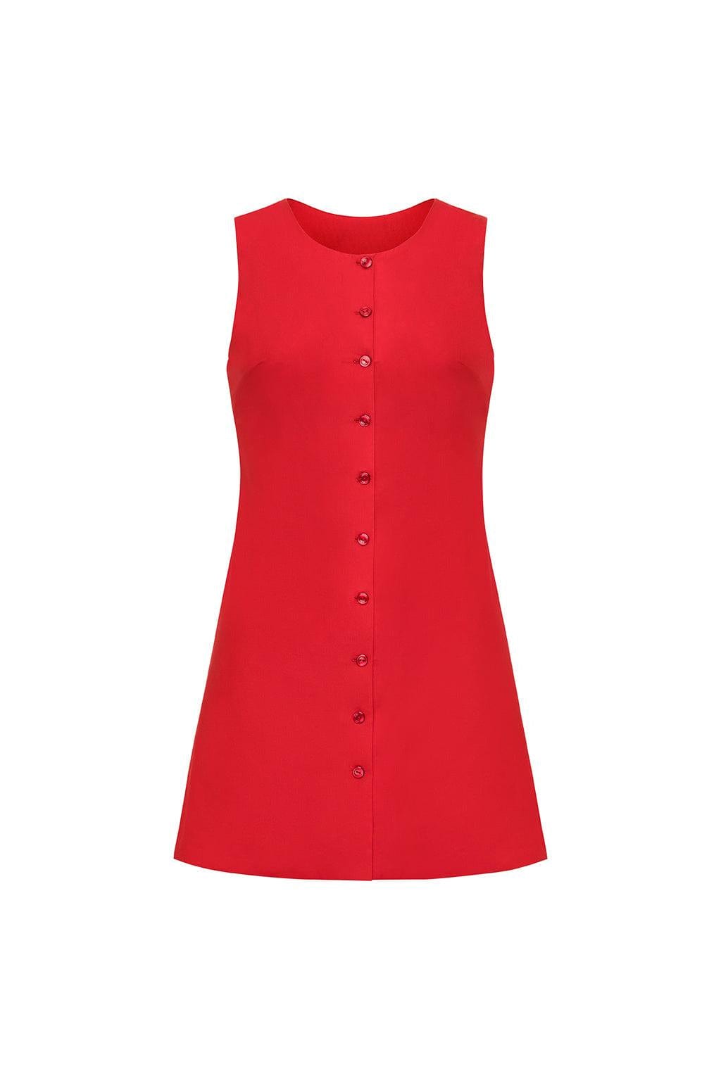 Red sleeveless tank dress with front button closure and A-line silhouette.