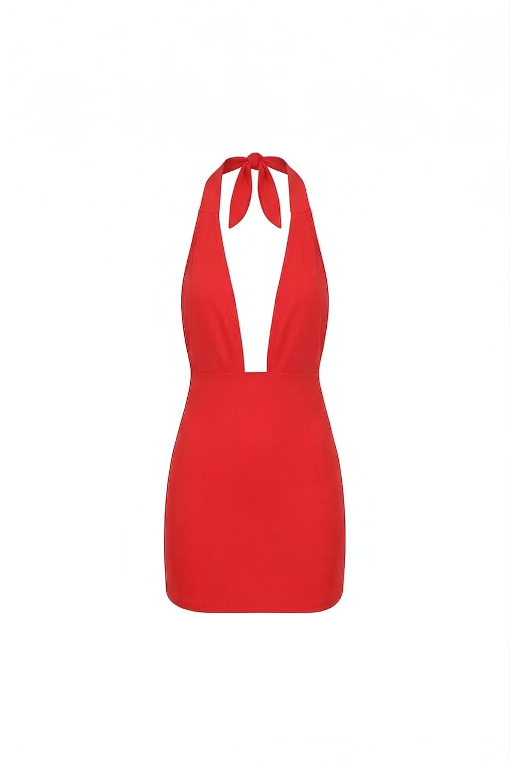 Red halter mini dress with plunging neckline and tie closure at neck.