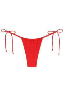 Red bikini bottom with scrunch detailing and tie side closures.