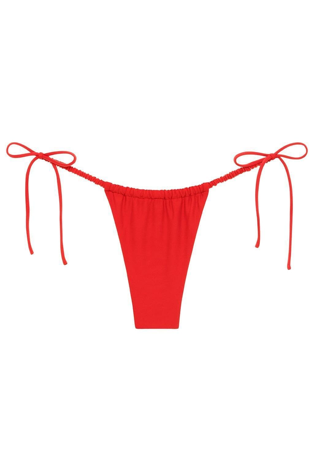 Red bikini bottom with scrunch detailing and tie side closures.