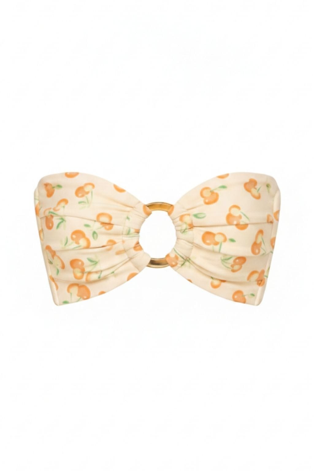 Cream bandeau bikini top with orange cherry and green leaf print, gold ring detail at center.