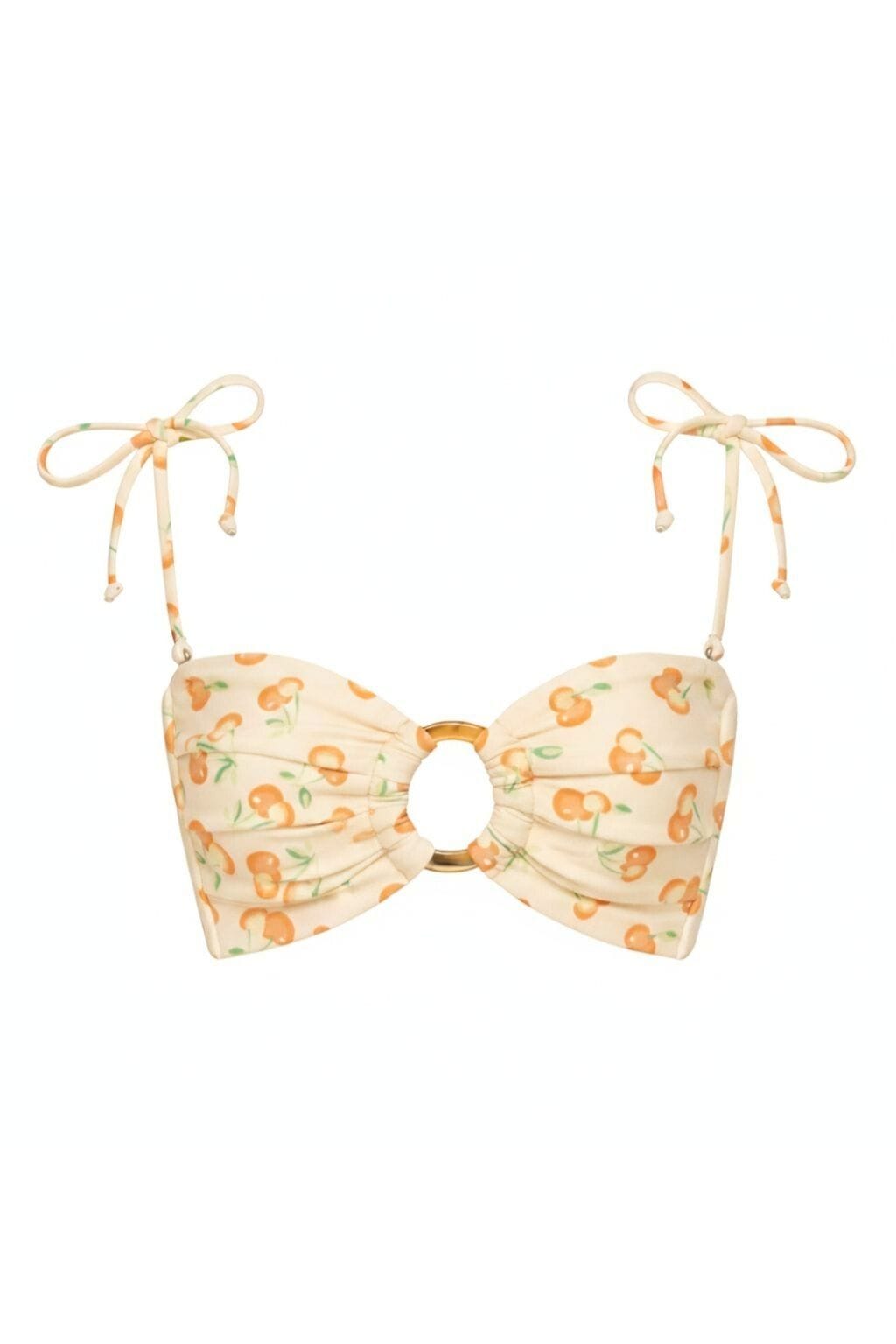 Cream bandeau bikini top with orange cherry print and tie-shoulder straps with striped details.