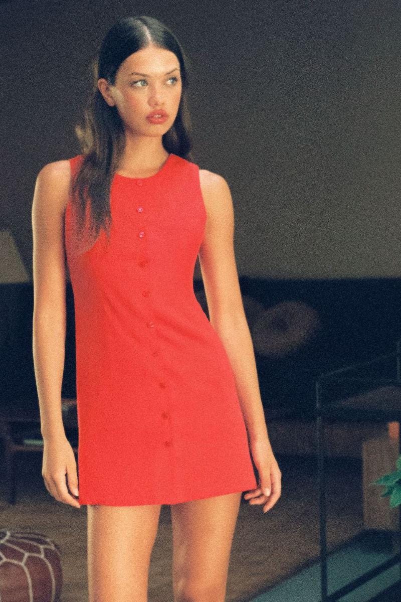 Red sleeveless tank dress with button front closure and A-line silhouette.