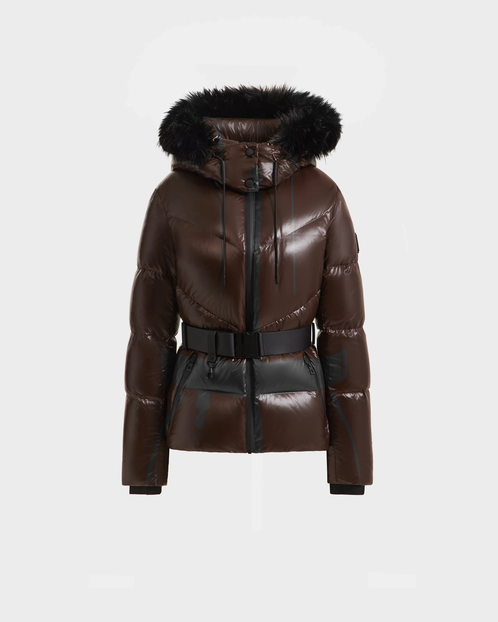 The Rudsak CHRISTELLE S - L125544 Espresso is a shiny dark brown women’s down puffer jacket with black faux fur trim hood, belt, and accents. This cozy winter coat is displayed on a plain white background.