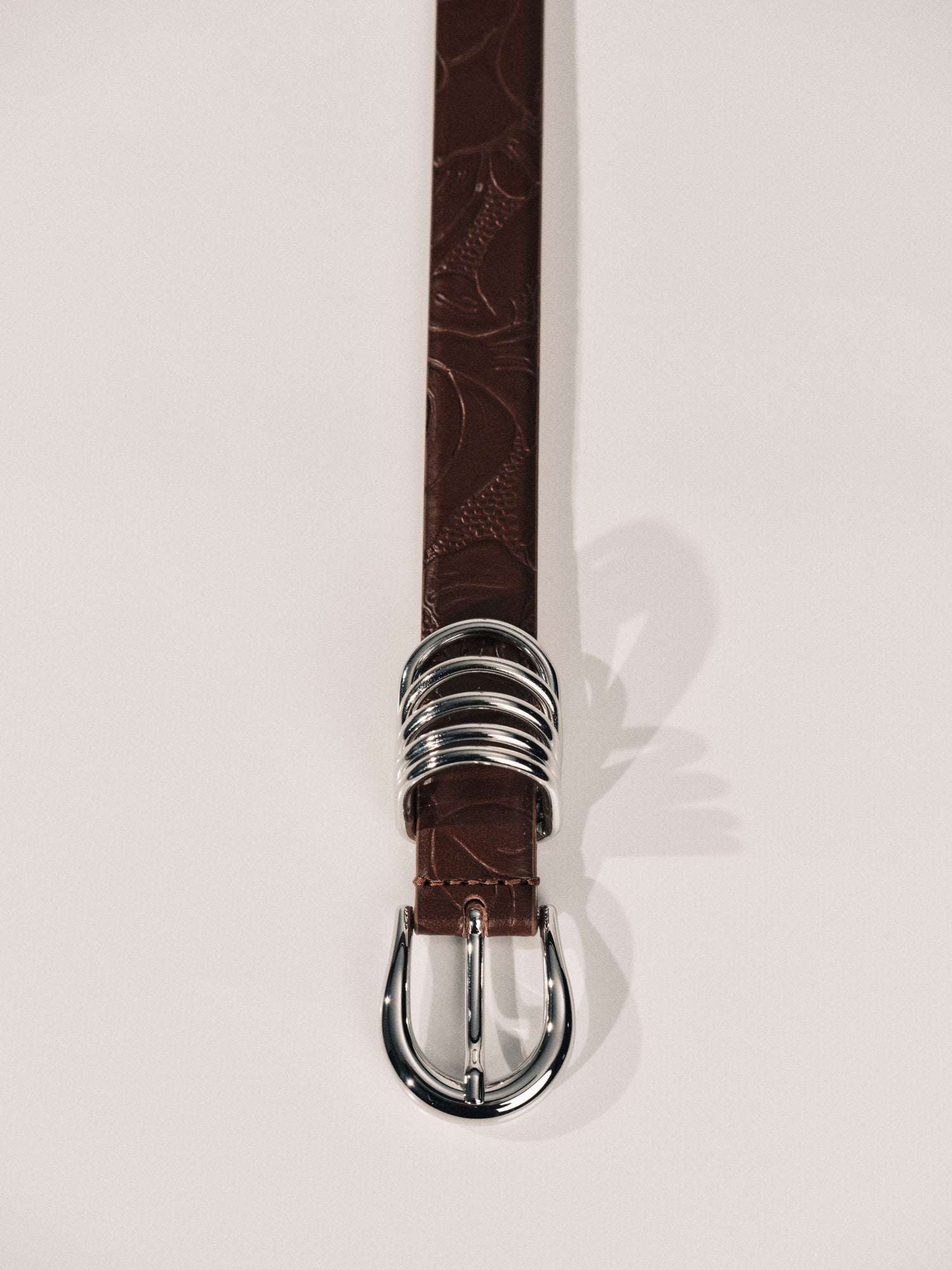Hollyhock Leather Belt | Floral Embossed Mahogany & Silver