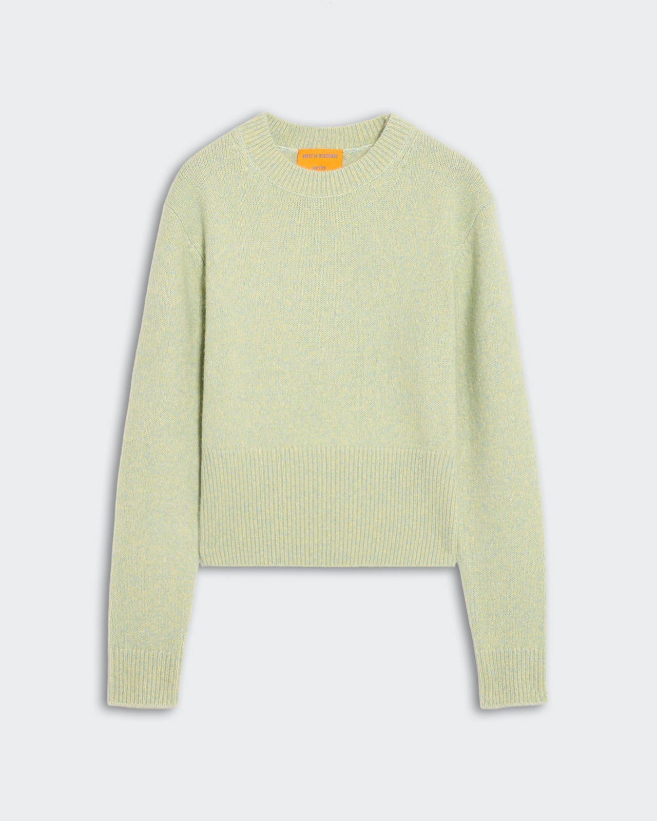 Women's mid-weight Alina Crew sweater in seaglass marled cashmere silk blend with ribbed trim and high rib hem