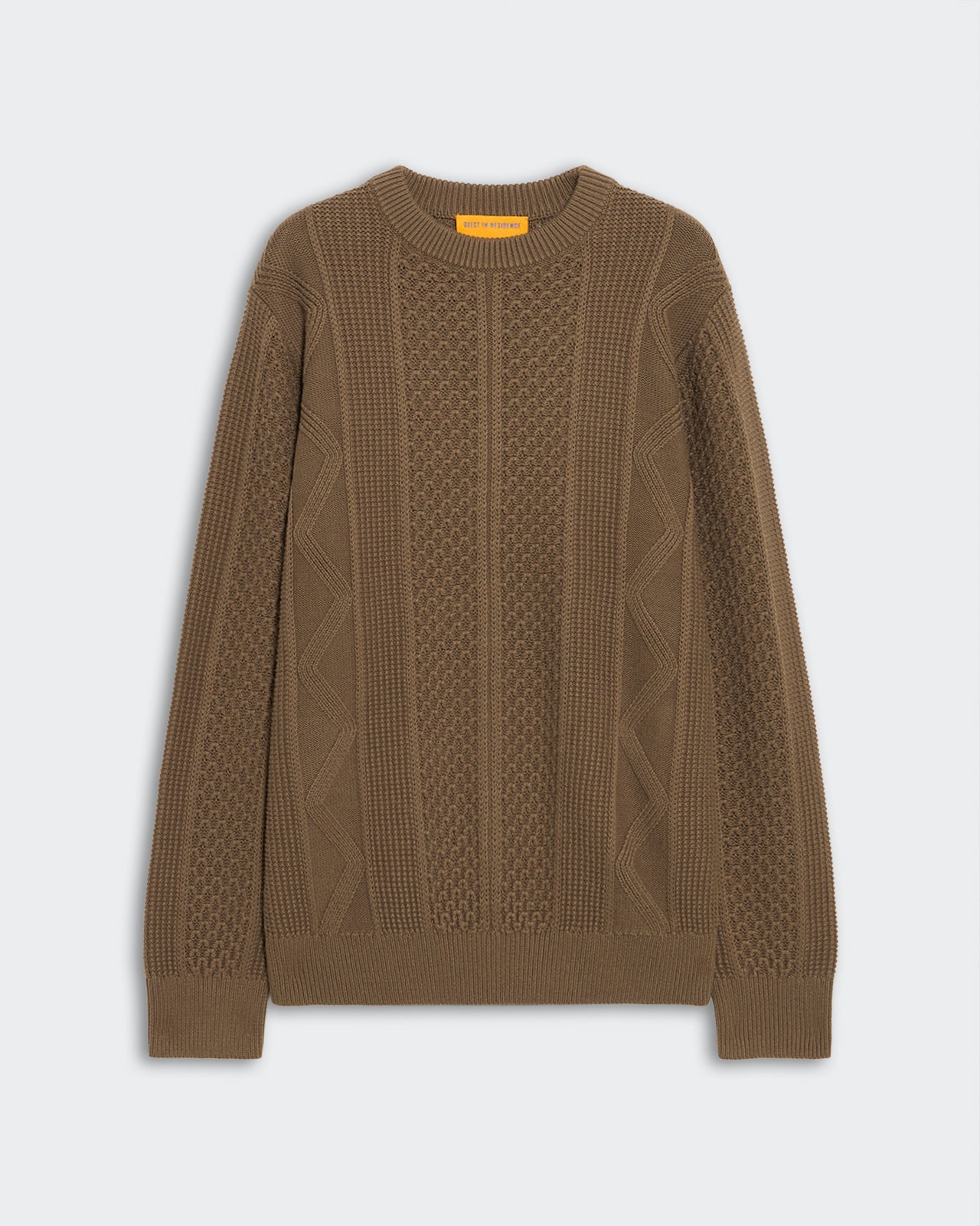 Allday Cable Crew - Cypress, a textured cable-knit sweater in warm muted olive green, made from a soft cotton-cashmere blend with ribbed collar, cuffs, and hem, shown flat.