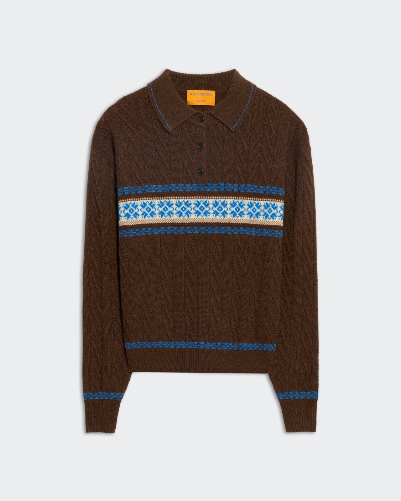 Chestnut collegiate polo shirt with mid-weight cable knit and Fairisle snowflake pattern across chest and cuffs