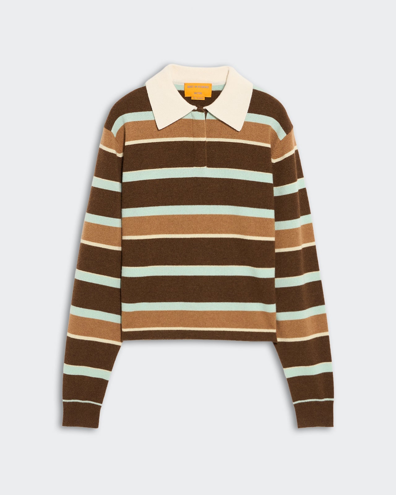 Womens cropped rugby polo sweater in chestnut, cream, and pale blue horizontal stripes with ribbed cuffs and collar