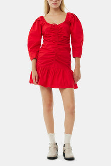 Cotton Poplin Gathered U neck Mini Dress | Racing Red