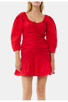 Cotton Poplin Gathered U neck Mini Dress | Racing Red