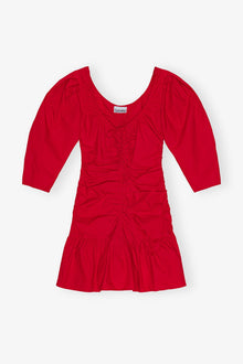 Cotton Poplin Gathered U neck Mini Dress | Racing Red