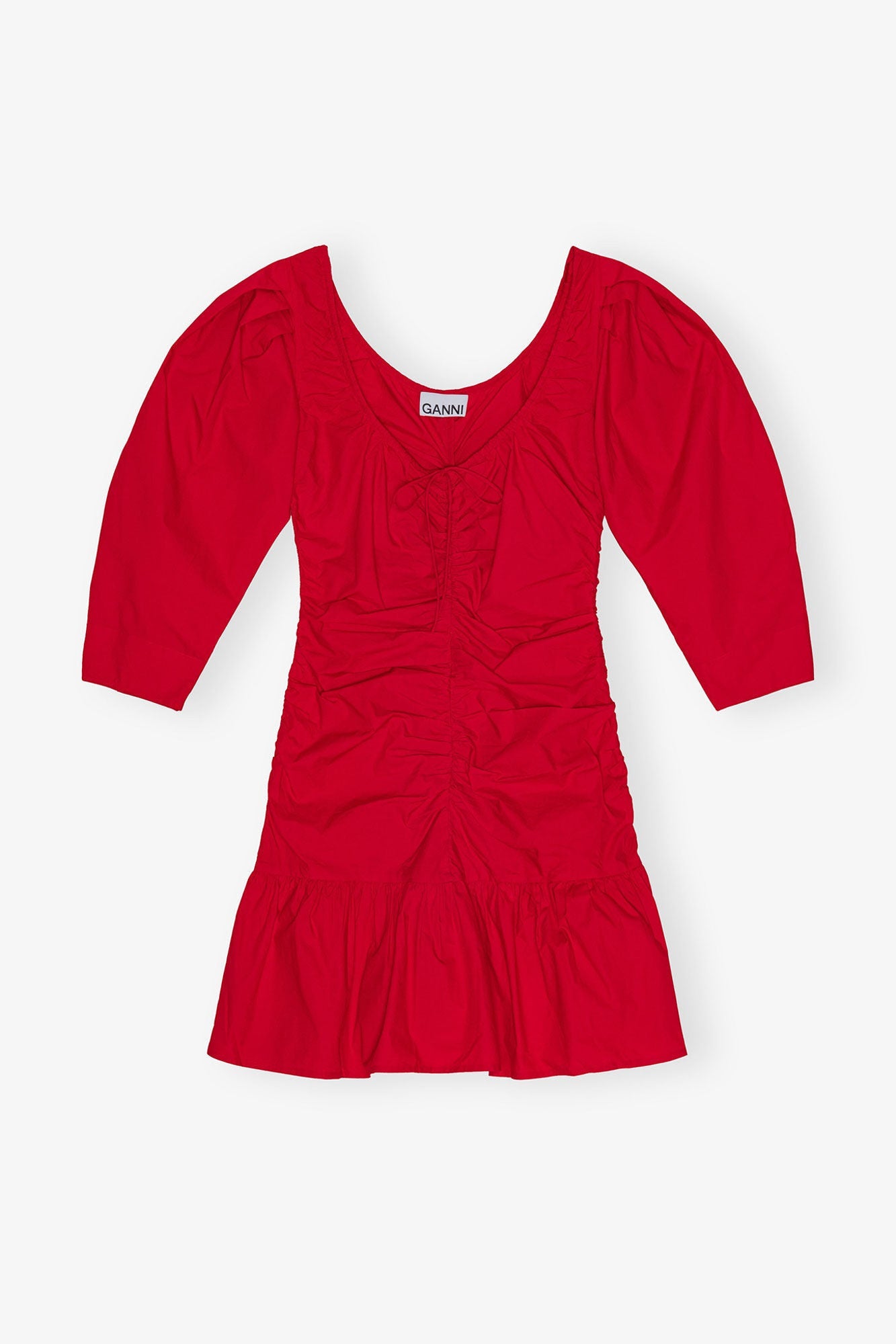 Cotton Poplin Gathered U neck Mini Dress | Racing Red