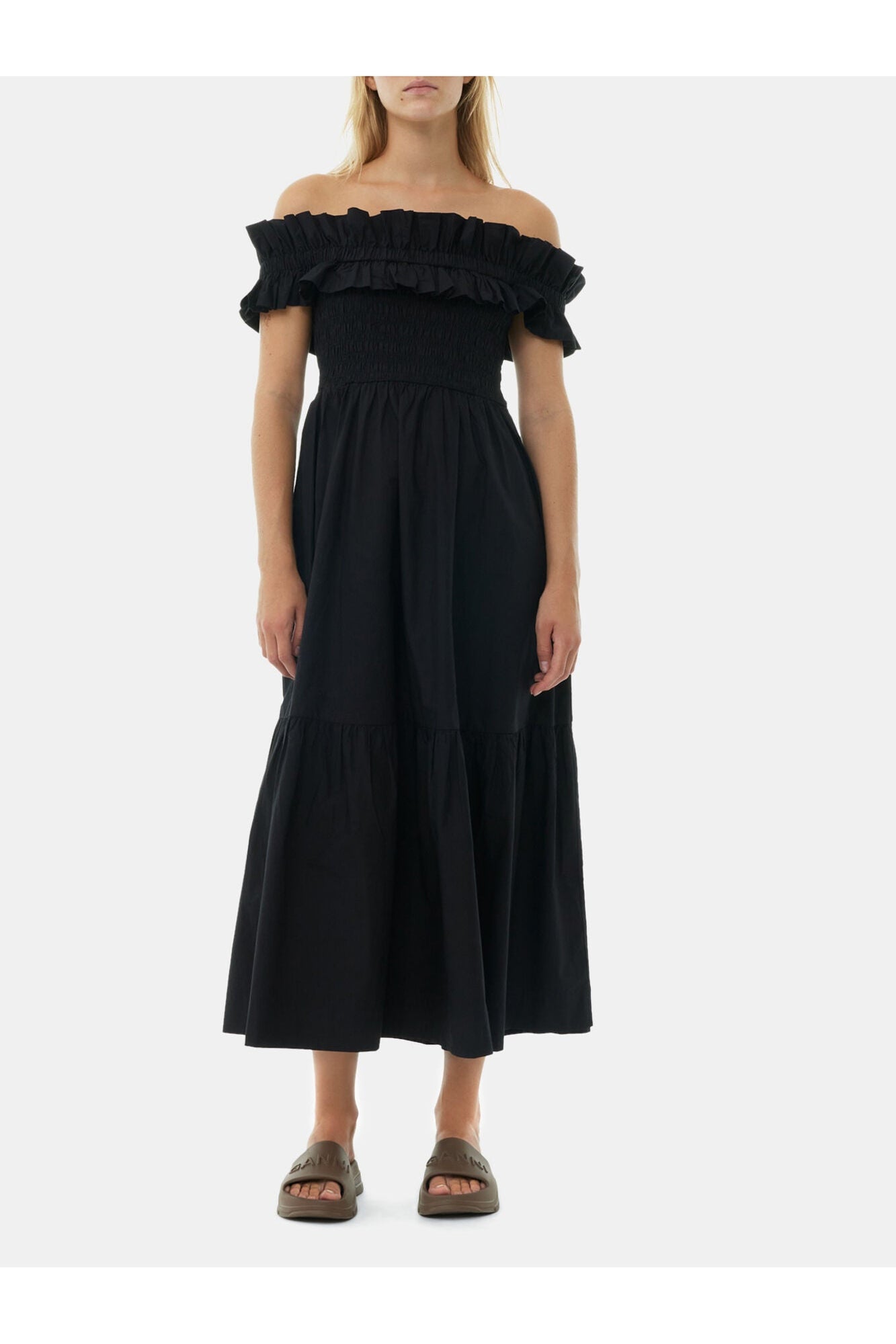 Cotton Poplin Long Smock Dress | Black