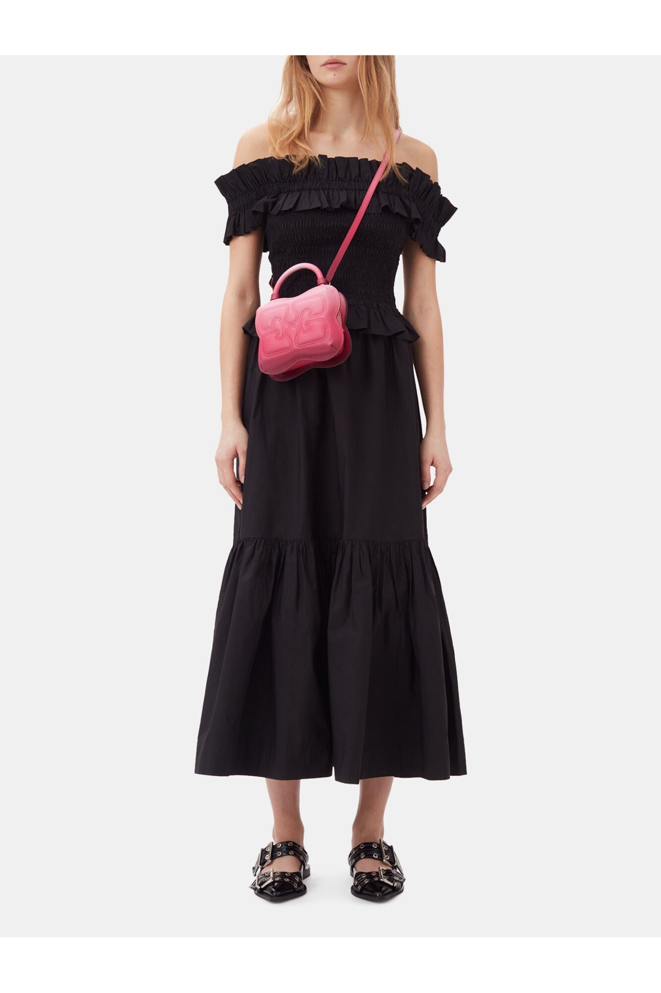 Cotton Poplin Maxi Flounce Skirt | Black