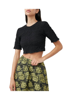 Cotton Poplin O neck Cropped Smock Top | Black