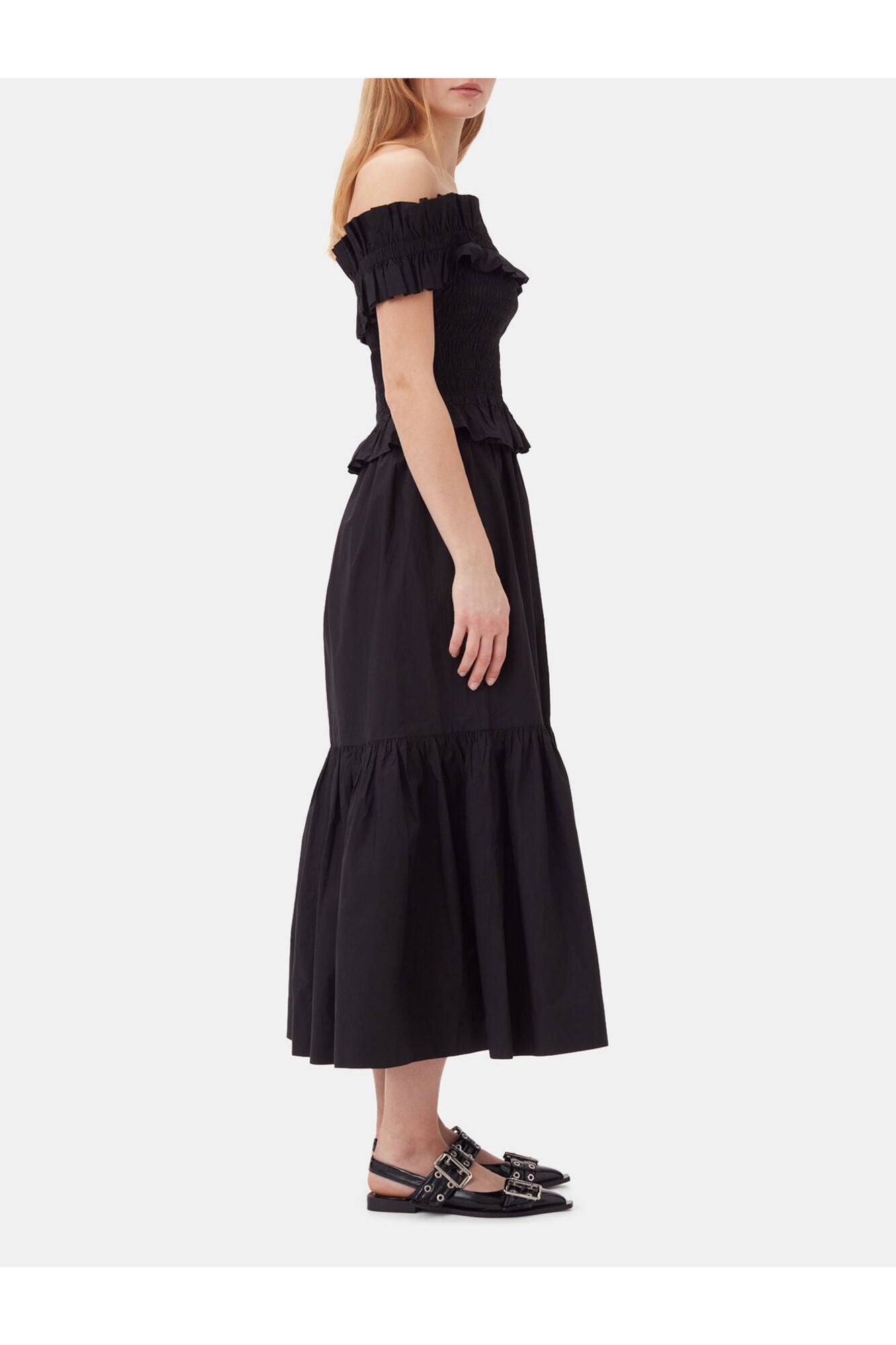 Cotton Poplin Off Shoulder Smock Top | Black