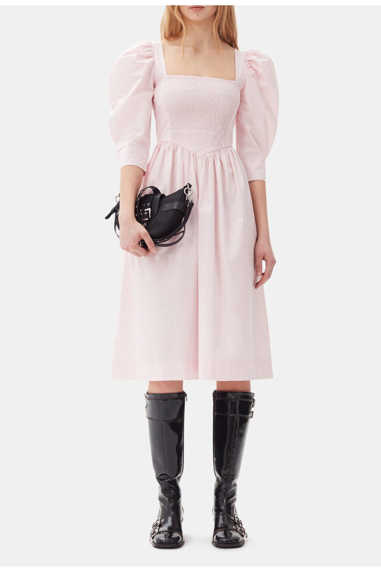 Cotton Poplin Open Neck Smock Dress | Chalk Pink