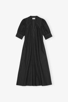 Cotton Poplin V Neck Midi Dress | Black