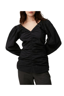 Cotton Poplin V neck Blouse | Black