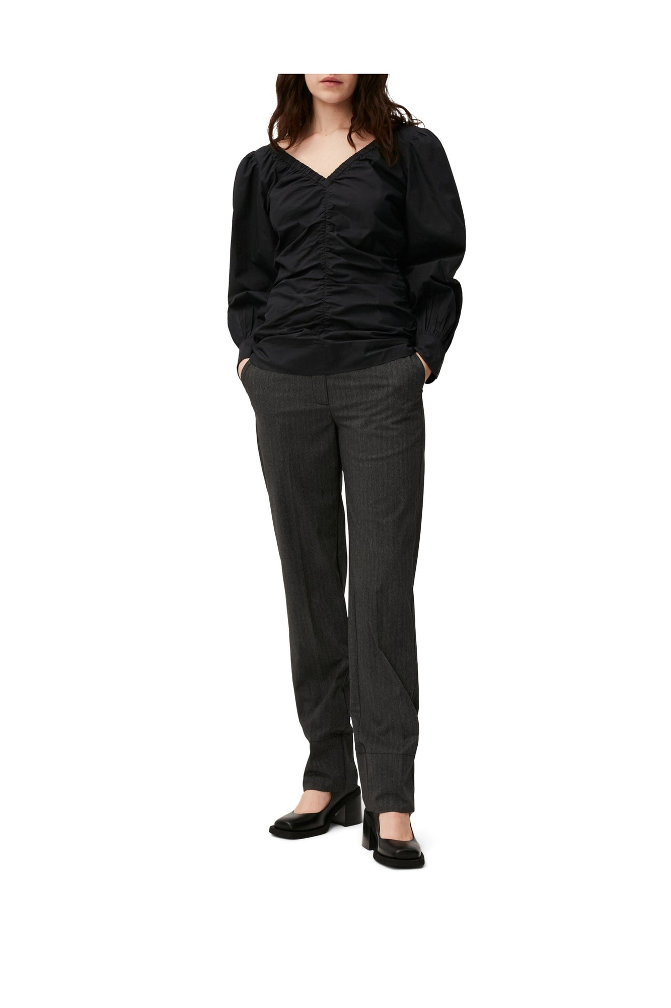 Cotton Poplin V neck Blouse | Black