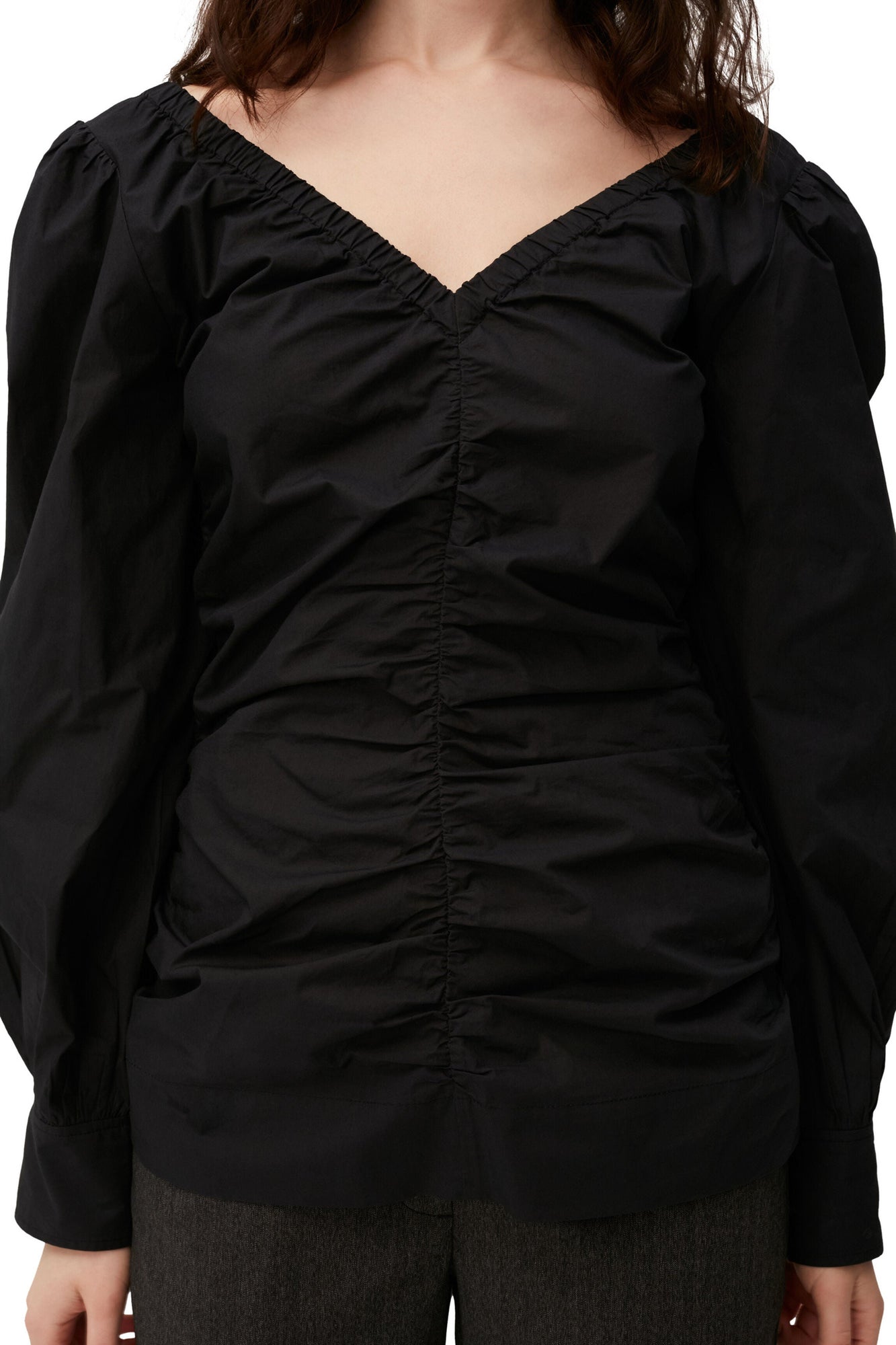 Cotton Poplin V neck Blouse | Black