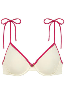 Cream bikini top with raspberry-pink binding and bow tie shoulder straps.