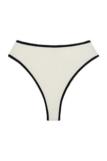 Cream terry rib bikini bottom with black binding on waistband and leg openings.