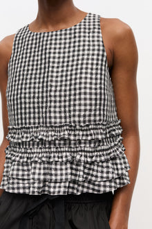 Crinkled Check Frill Top | Black