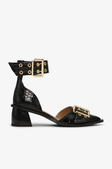 Croco Patent Feminine Buckle Open Cut Pumps | Black