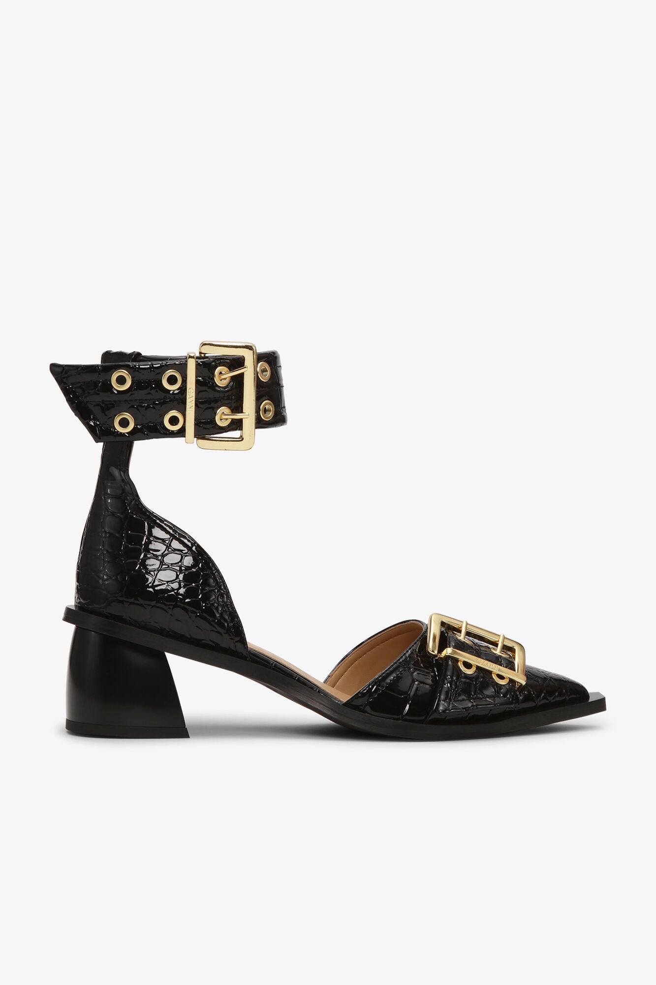 Croco Patent Feminine Buckle Open Cut Pumps | Black