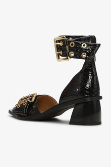 Croco Patent Feminine Buckle Open Cut Pumps | Black