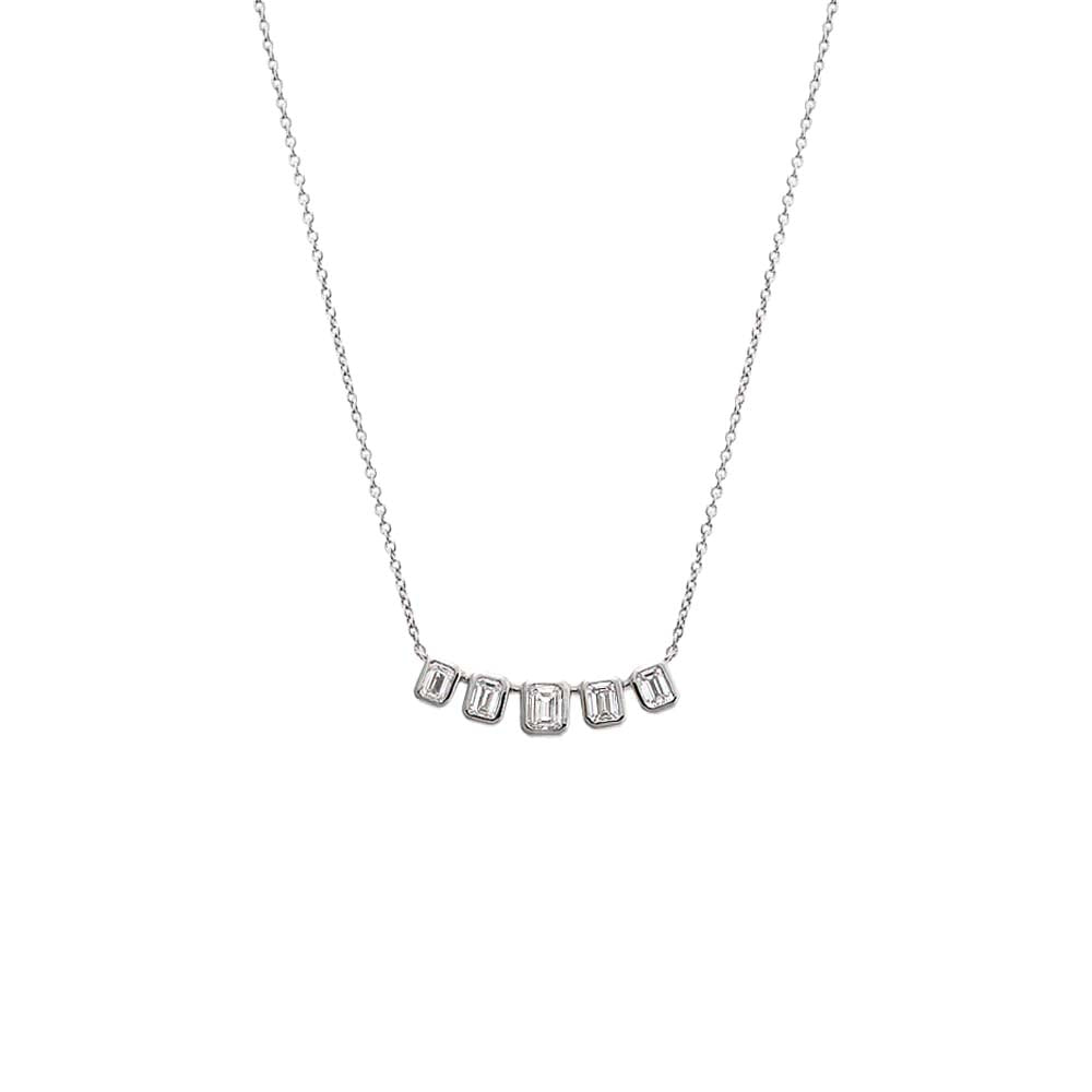 14K White Gold Lab Grown Diamond Emerald Bezel Curved Bar Necklace 14K - Adina's Jewels