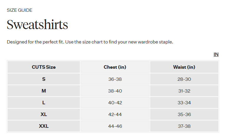 Product size guide