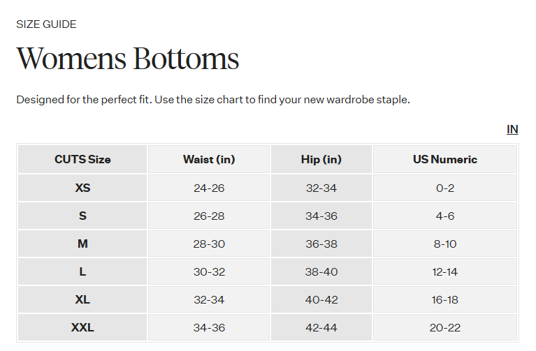 Product size guide