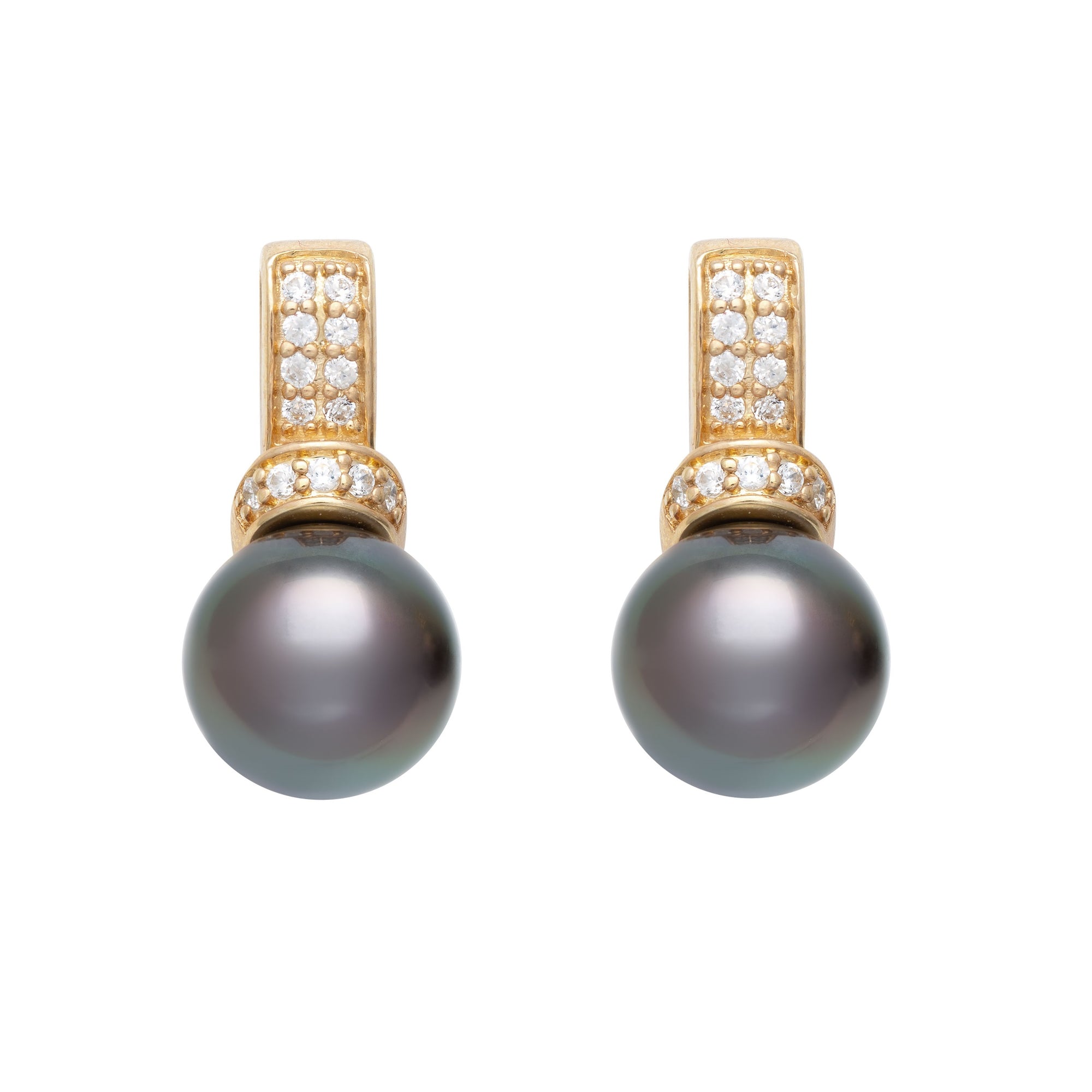 Round Stud Earrings | 14K Yellow Gold | 0.15 Carat Lab Grown Diamond/Black Tahitian Pearl | 8mm - 9mm | H-I-I2-I3