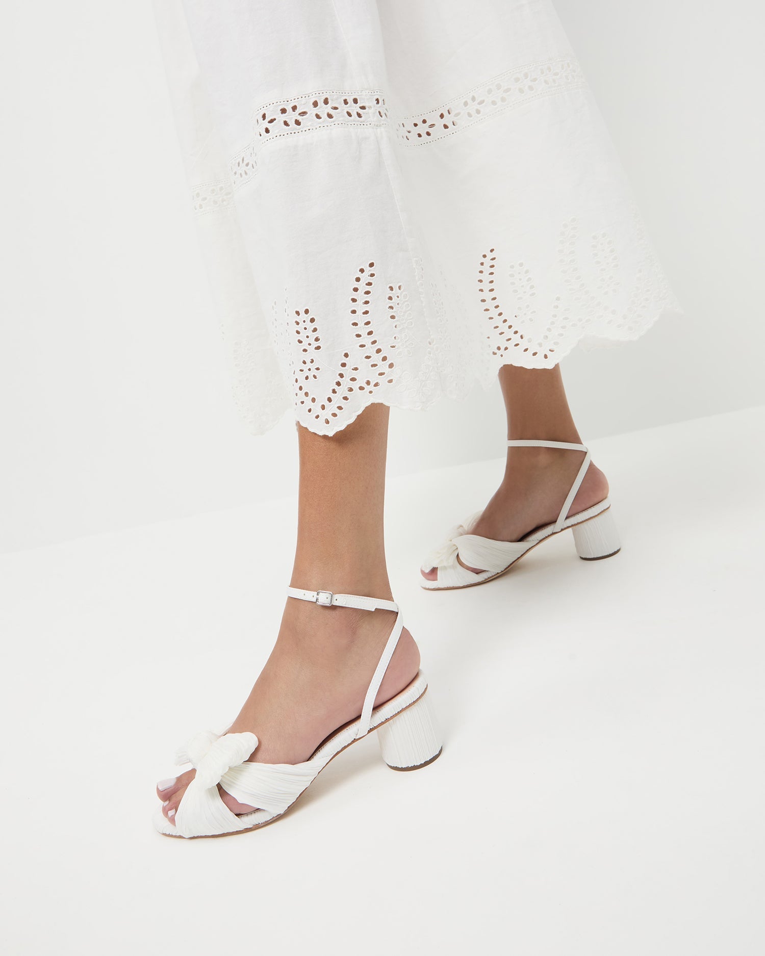 Dahlia White Pleated Bow Heel in white pleated organza
