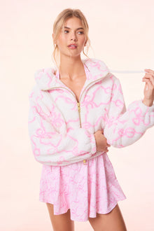 Darcelle Bow Print Teddy Bomber | Pastry Pink