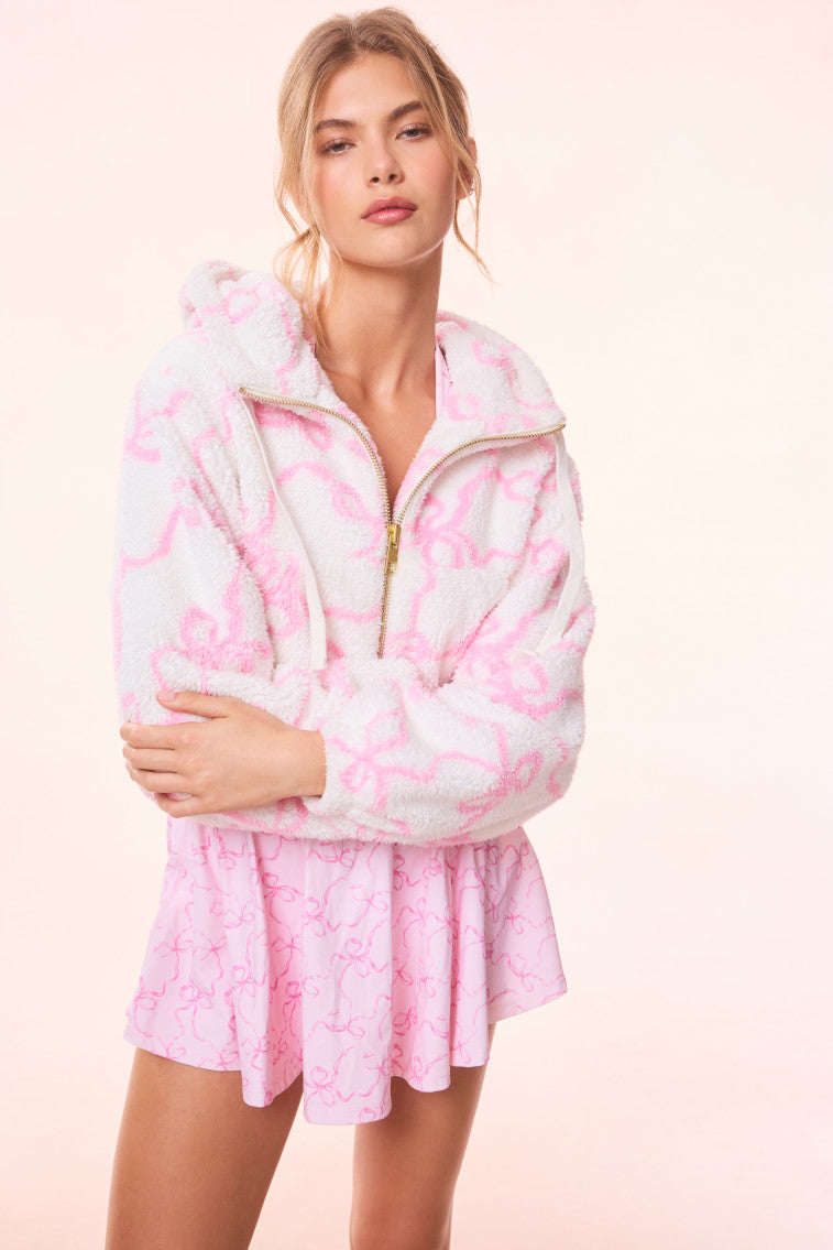 Darcelle Bow Print Teddy Bomber | Pastry Pink
