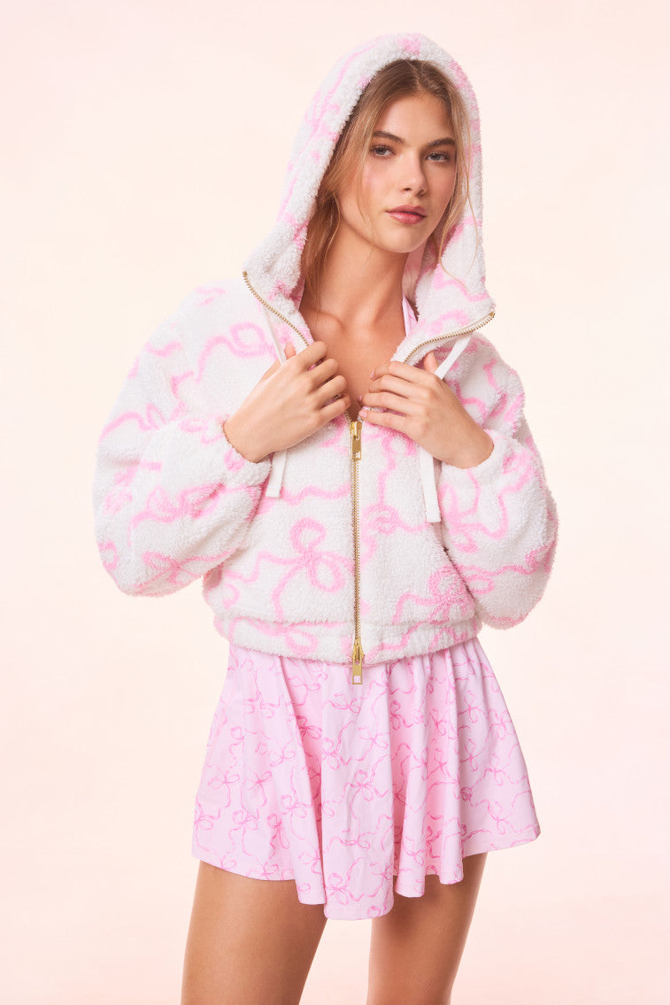 Darcelle Bow Print Teddy Bomber | Pastry Pink