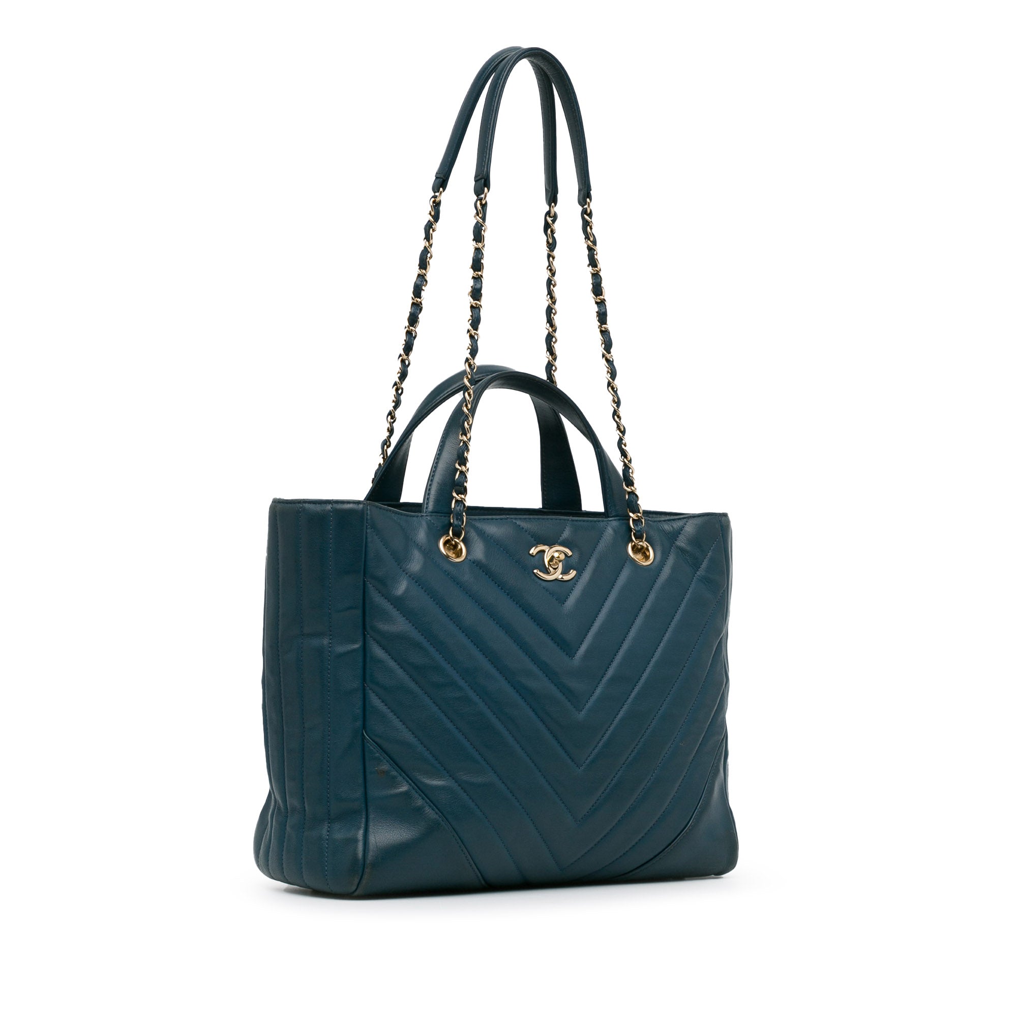 Chanel | Pre-Owned CC Chevron Calfskin Statement Shopping Tote | Blue/Dark BlueBlue/Dark Blue